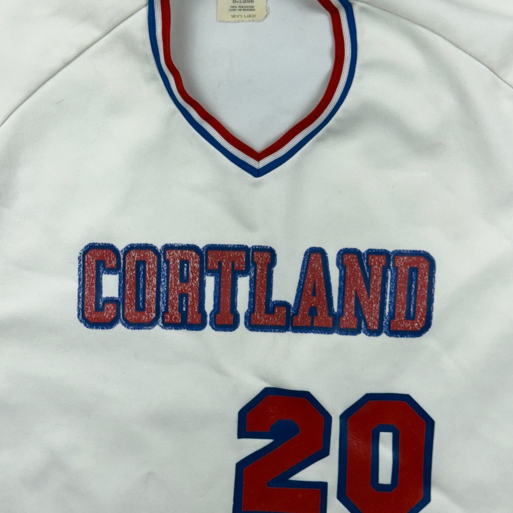 Vintage 80s DeLong Cortland #20 Jersey Mens L Made USA V Neck Red White Blue